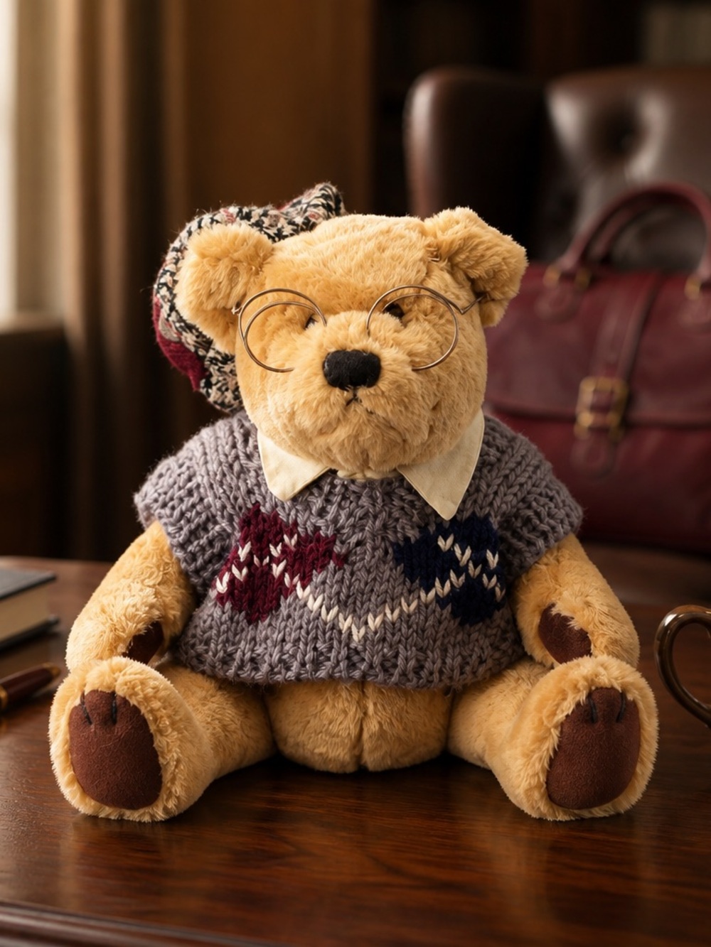 Plush Golden Brown Bear in Gray Sweater - Stylish Kids Stuffed Animal